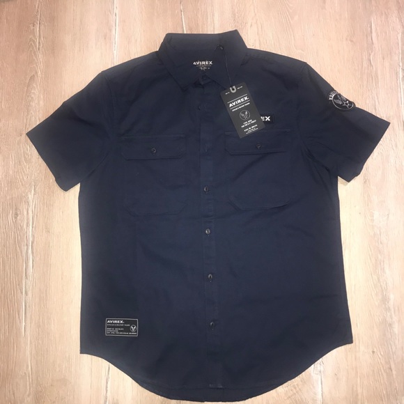 Avirex Other - Avirex Shirt Men's Medium Core Short Sleeve Military Officer Navy Blue Patches